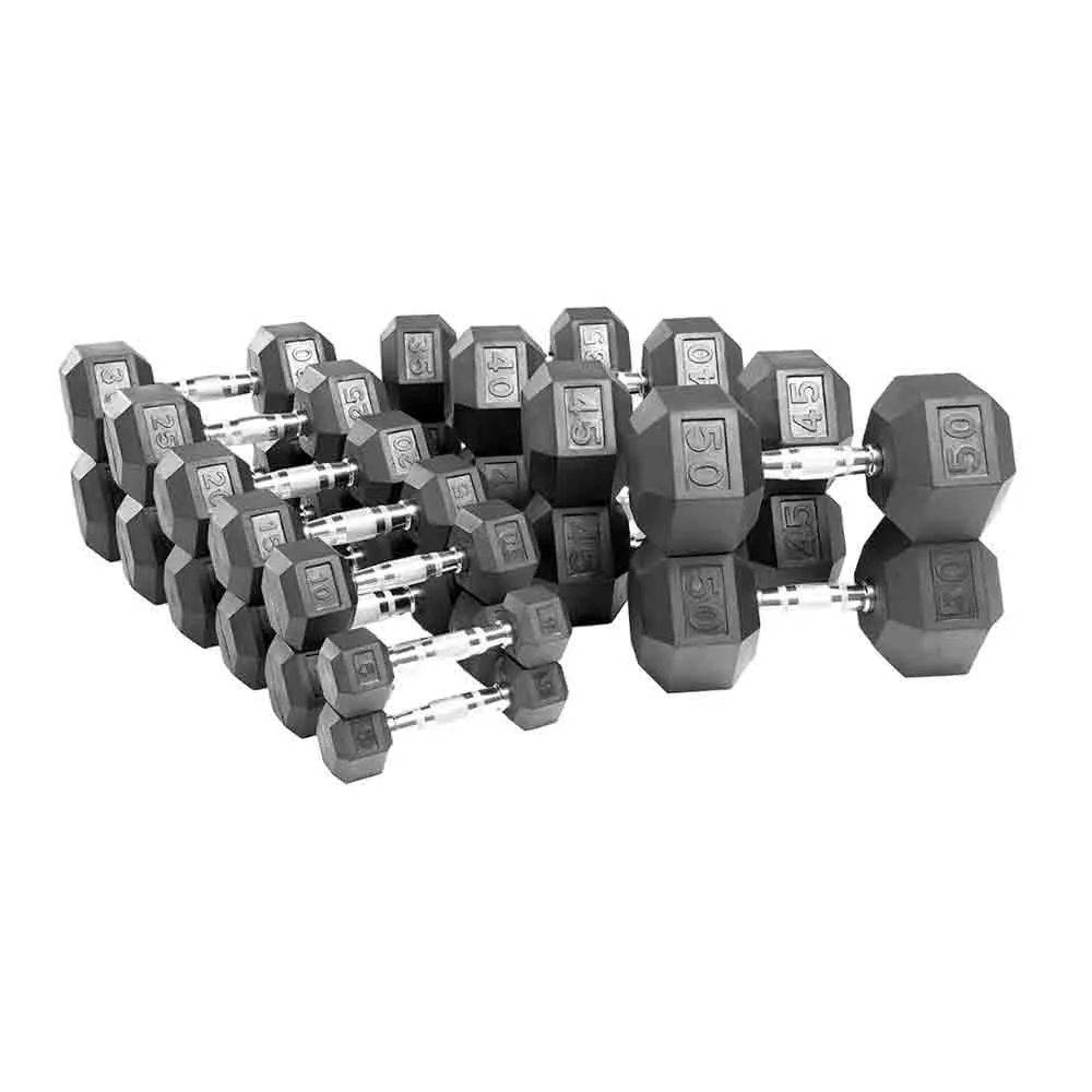 5 lb to 50 lb Hex Rubber Dumbbells with 3-Tier Rack