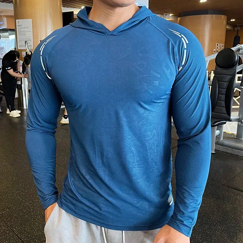 Aidase Gym Men T Shirt Casual Long Sleeve Slim Tops Tees Elastic T-shirt Sports Fitness Thin Comfort Breathable Quick Dry Hooded