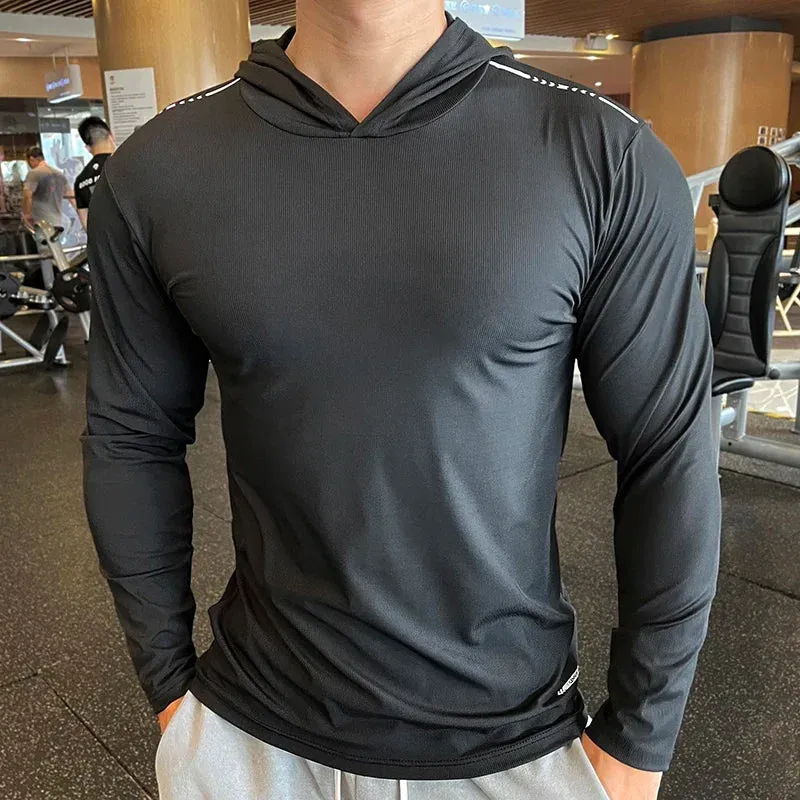 Aidase Gym Men T Shirt Casual Long Sleeve Slim Tops Tees Elastic T-shirt Sports Fitness Thin Comfort Breathable Quick Dry Hooded