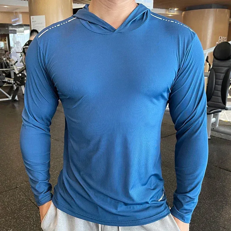 Aidase Gym Men T Shirt Casual Long Sleeve Slim Tops Tees Elastic T-shirt Sports Fitness Thin Comfort Breathable Quick Dry Hooded