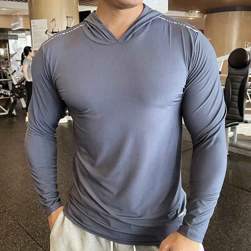 Aidase Gym Men T Shirt Casual Long Sleeve Slim Tops Tees Elastic T-shirt Sports Fitness Thin Comfort Breathable Quick Dry Hooded