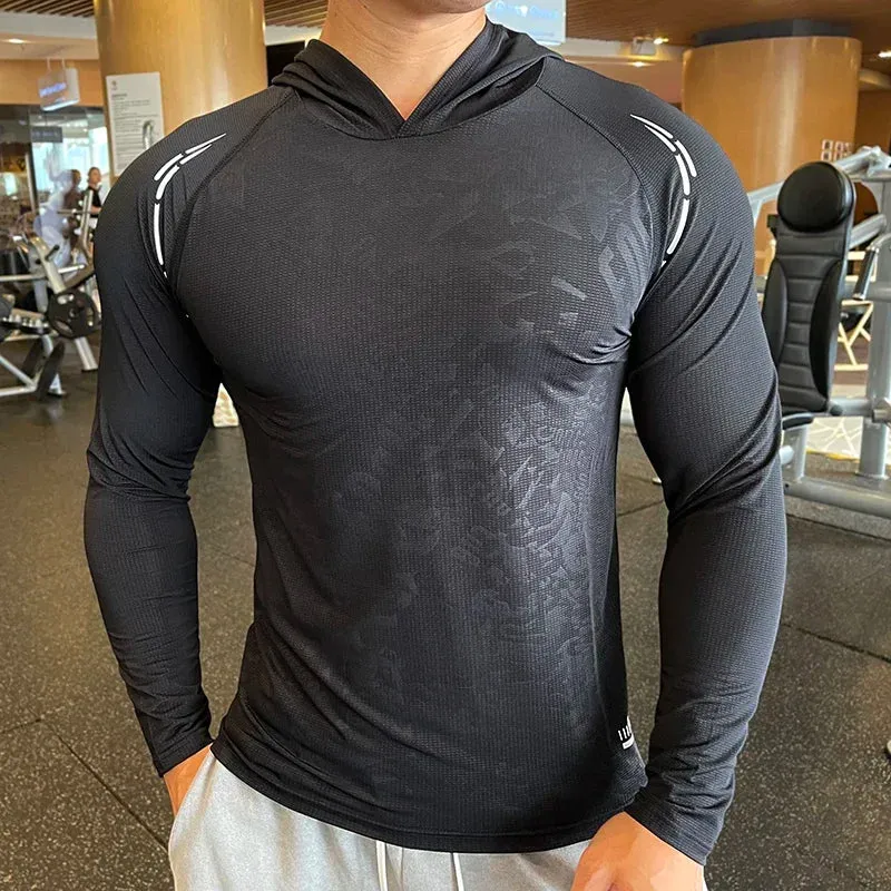 Aidase Gym Men T Shirt Casual Long Sleeve Slim Tops Tees Elastic T-shirt Sports Fitness Thin Comfort Breathable Quick Dry Hooded