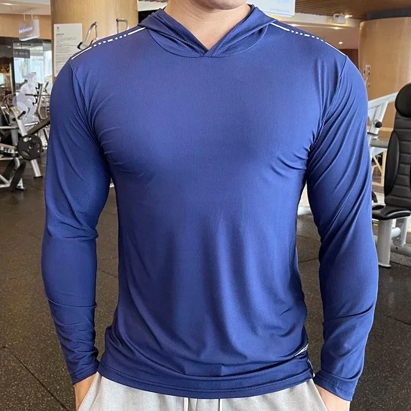 Aidase Gym Men T Shirt Casual Long Sleeve Slim Tops Tees Elastic T-shirt Sports Fitness Thin Comfort Breathable Quick Dry Hooded