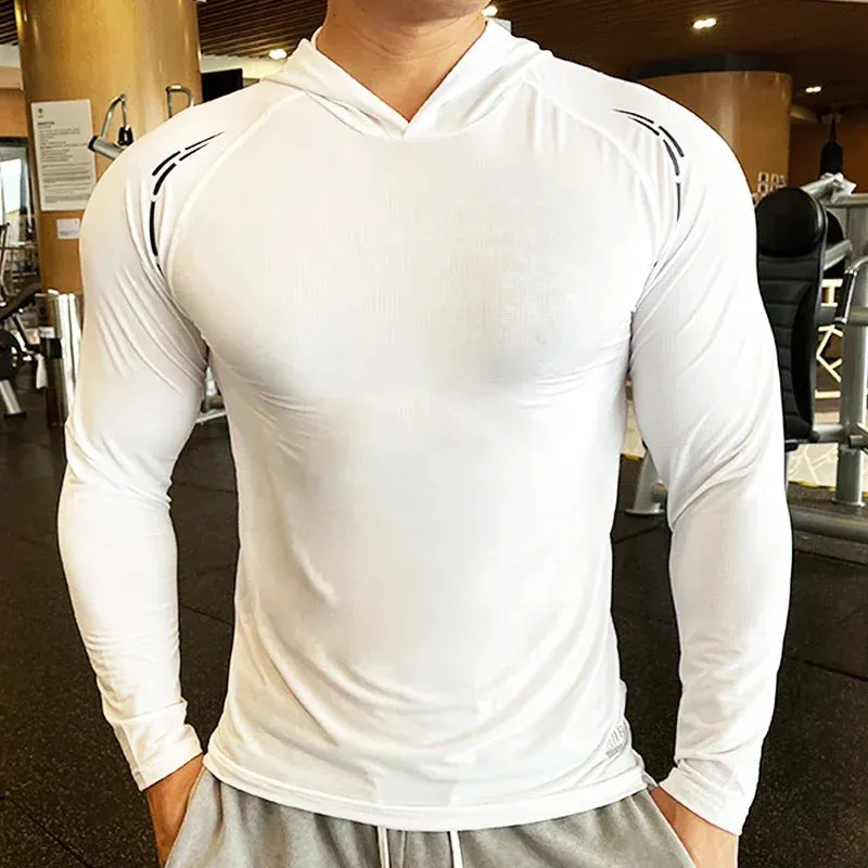 Aidase Gym Men T Shirt Casual Long Sleeve Slim Tops Tees Elastic T-shirt Sports Fitness Thin Comfort Breathable Quick Dry Hooded