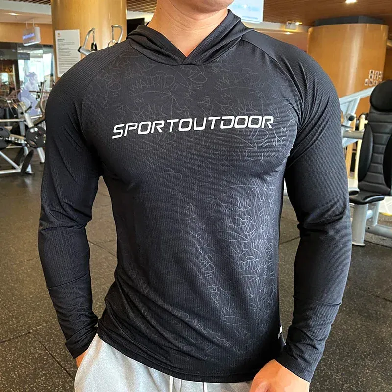 Aidase Gym Men T Shirt Casual Long Sleeve Slim Tops Tees Elastic T-shirt Sports Fitness Thin Comfort Breathable Quick Dry Hooded