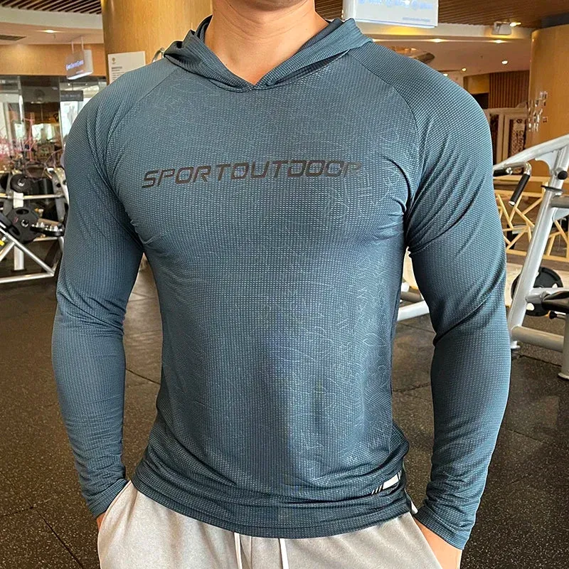 Aidase Gym Men T Shirt Casual Long Sleeve Slim Tops Tees Elastic T-shirt Sports Fitness Thin Comfort Breathable Quick Dry Hooded