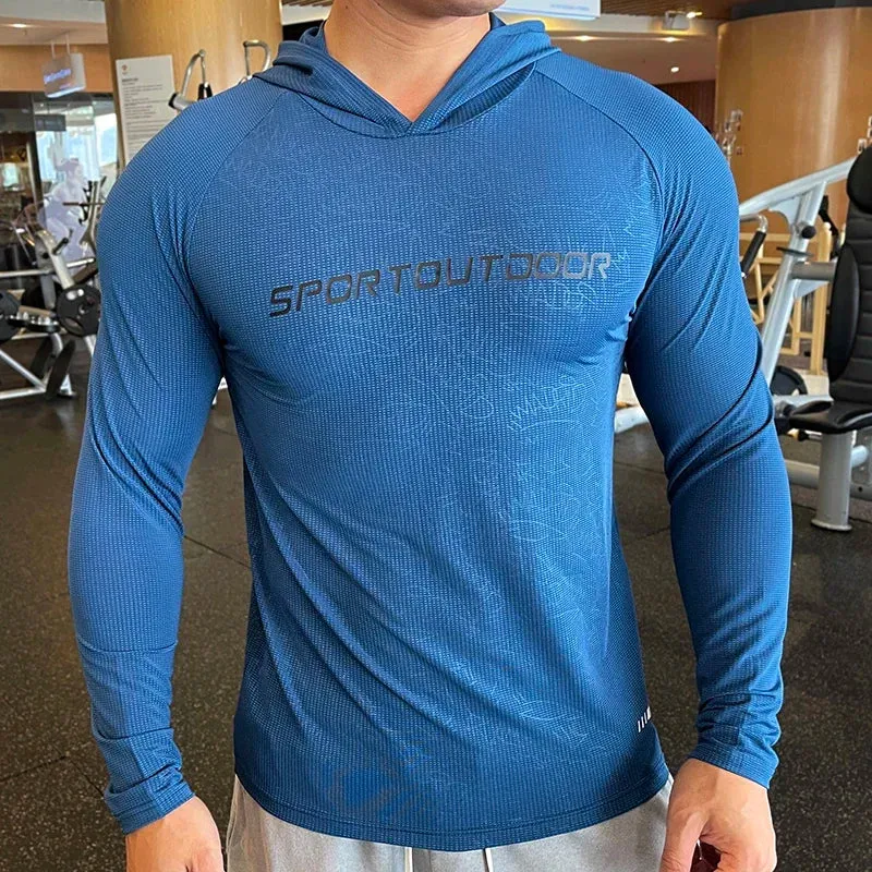 Aidase Gym Men T Shirt Casual Long Sleeve Slim Tops Tees Elastic T-shirt Sports Fitness Thin Comfort Breathable Quick Dry Hooded