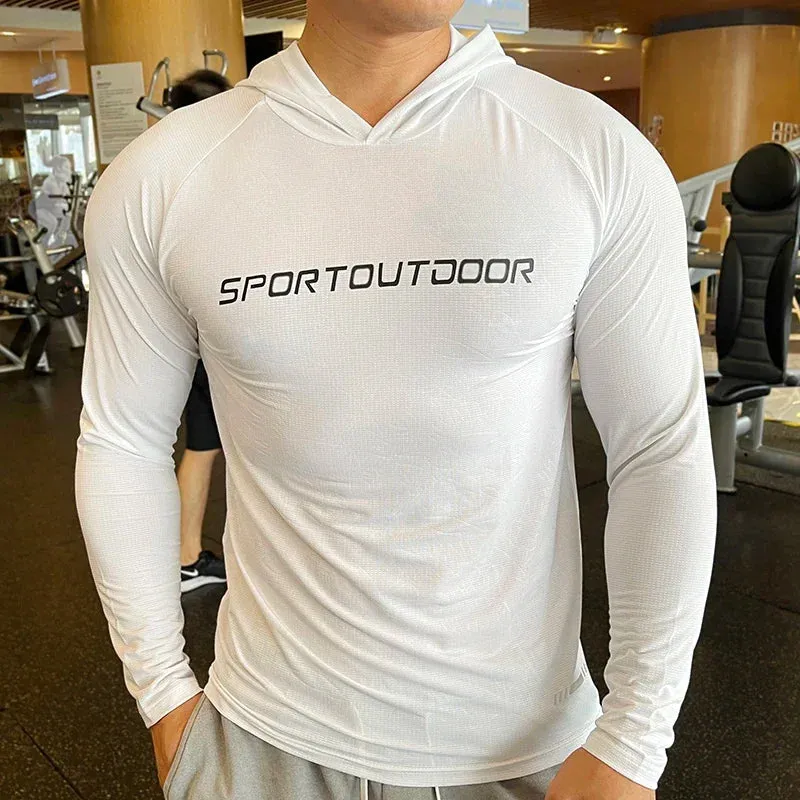 Aidase Gym Men T Shirt Casual Long Sleeve Slim Tops Tees Elastic T-shirt Sports Fitness Thin Comfort Breathable Quick Dry Hooded