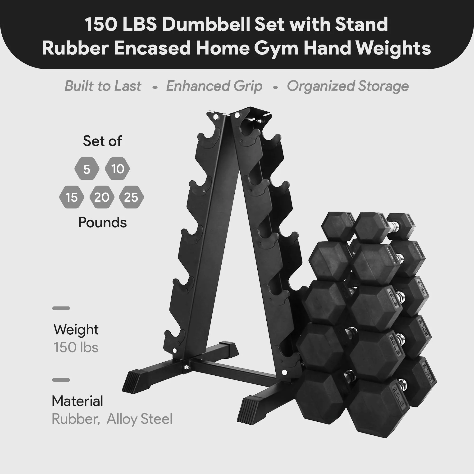 BalanceFrom Dumbbell Set with Stand, Rubber Encased Home Gym Hand Weights, 150lb