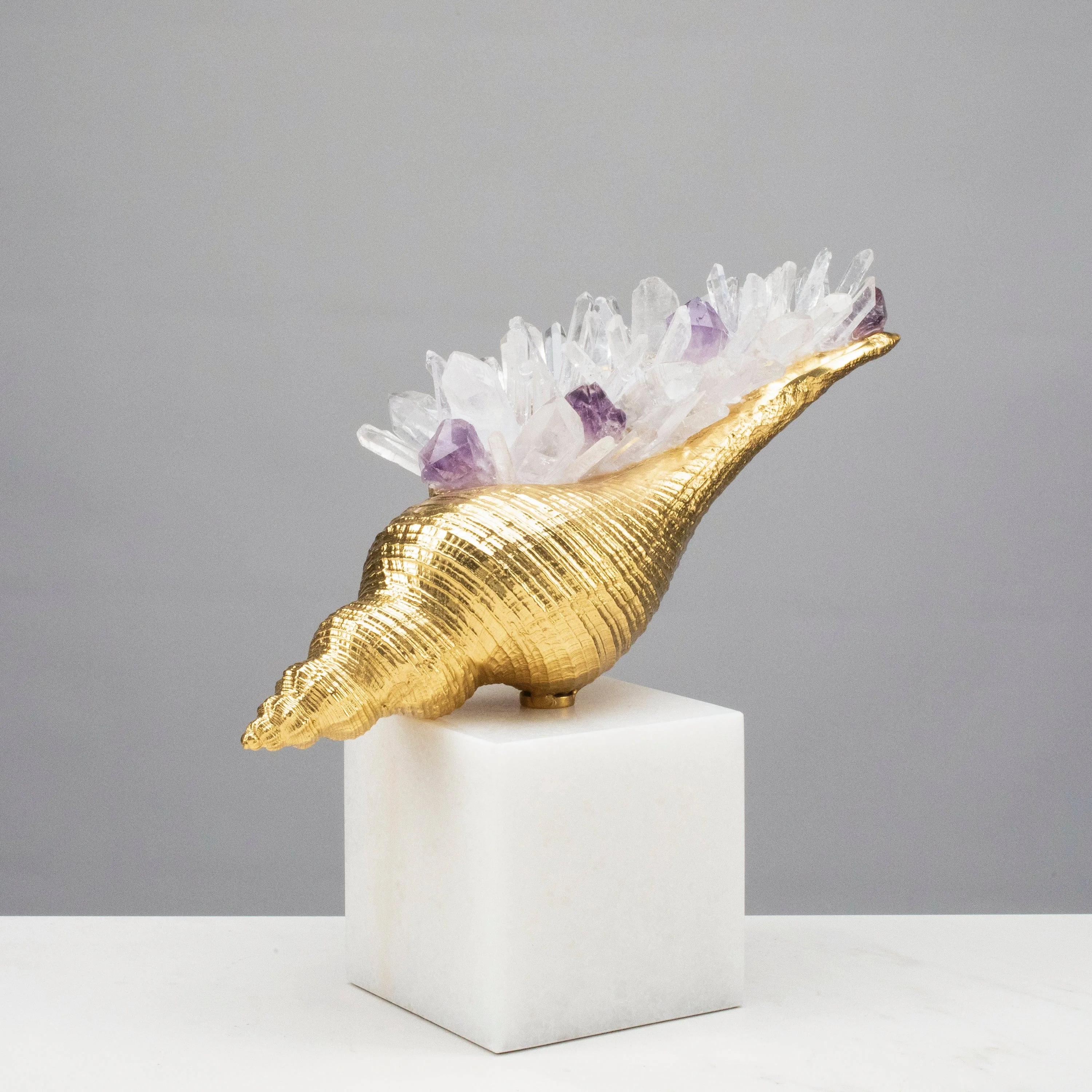 Brass Sea Shell with Quartz and Amethyst Cluster on Marble Base