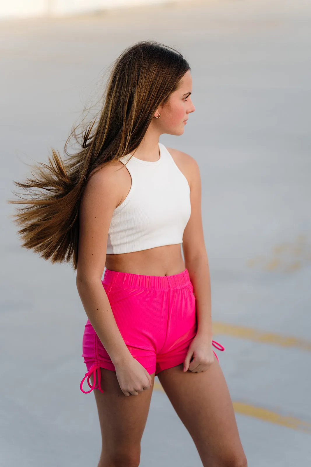 Coral Pink Ribbed String Shorts