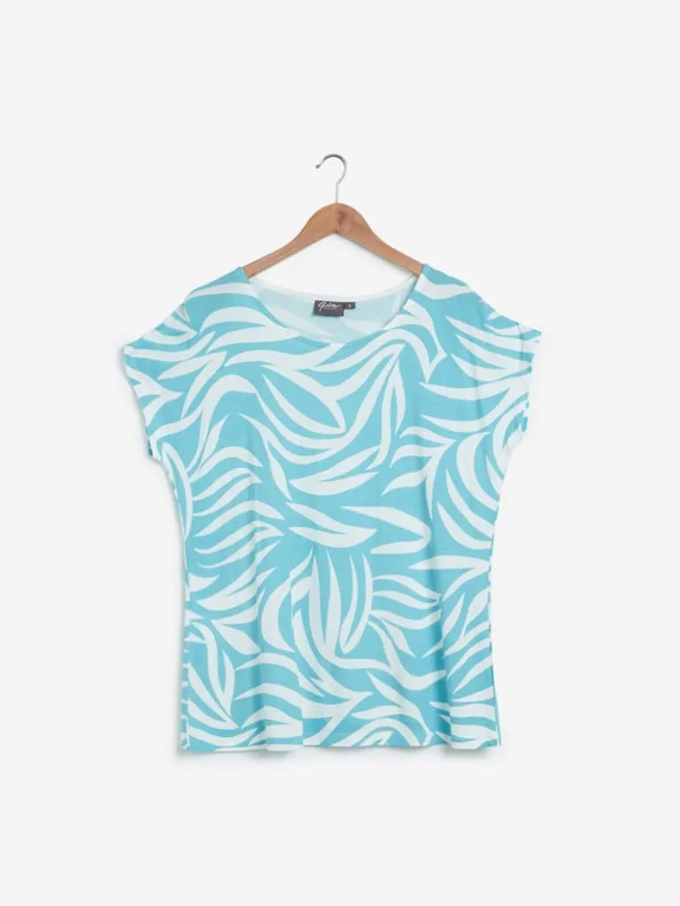 Gia Curves White And Turquoise Printed Gail Top