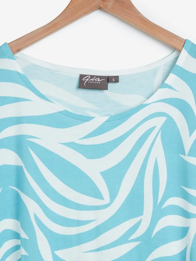 Gia Curves White And Turquoise Printed Gail Top