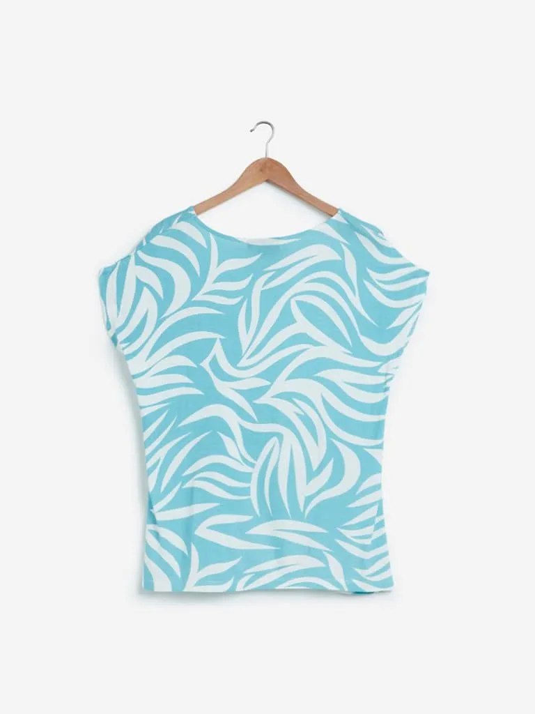 Gia Curves White And Turquoise Printed Gail Top