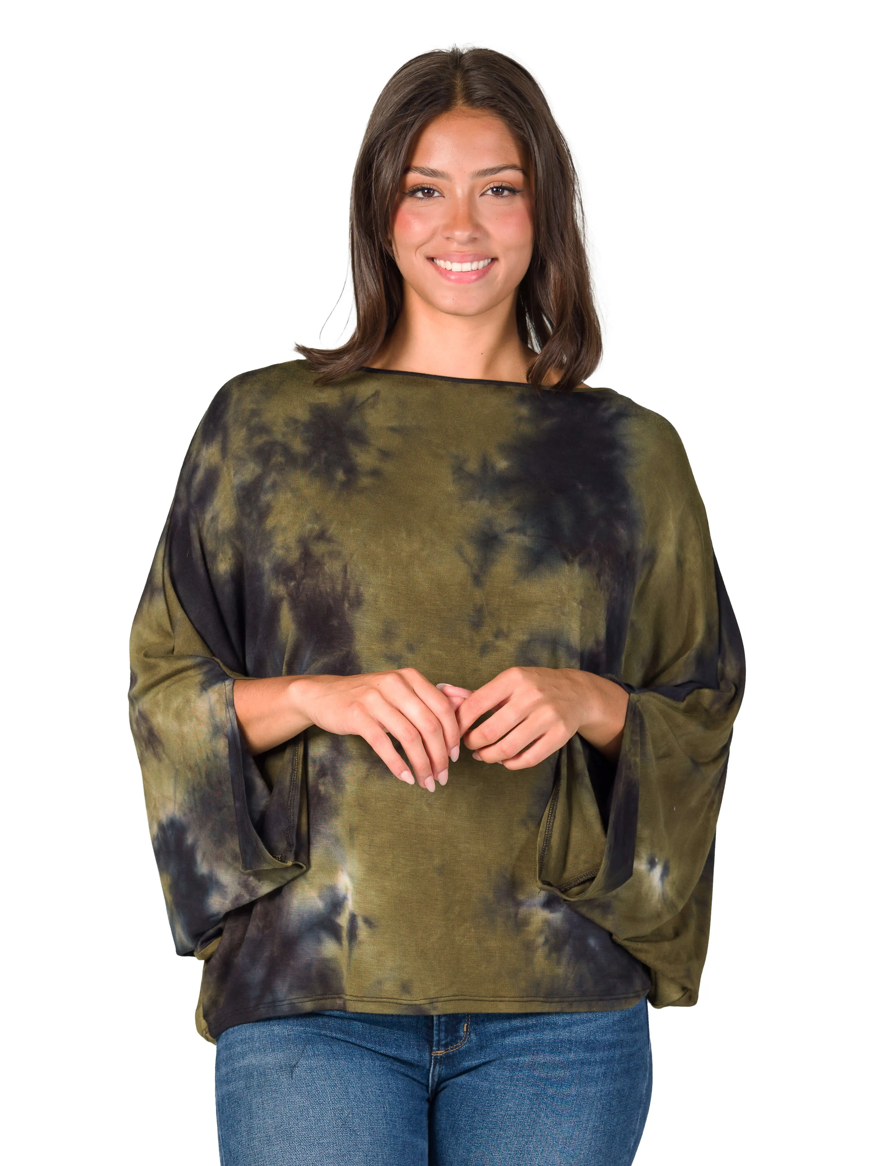 Green Tie Dye Batwing Sleeve Relaxed Fit Top