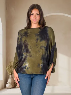 Green Tie Dye Batwing Sleeve Relaxed Fit Top