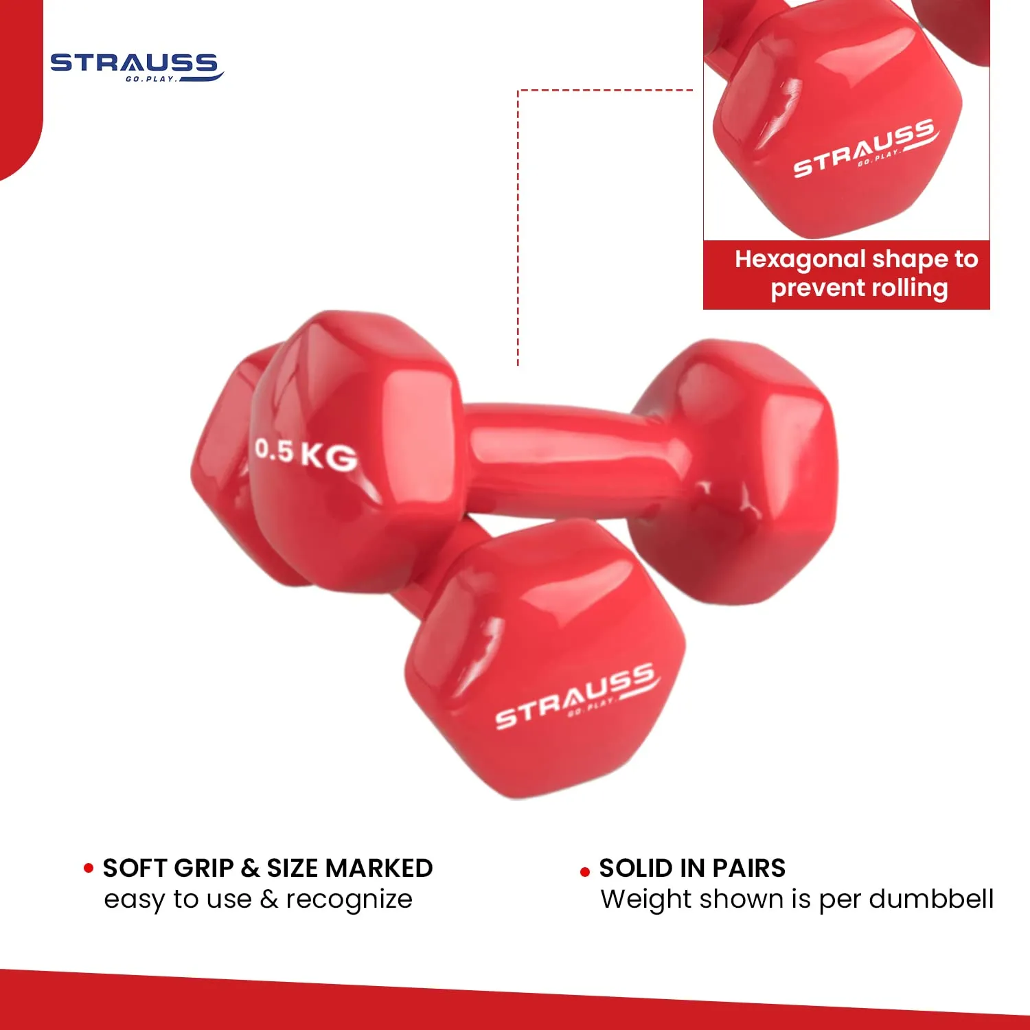 Strauss Premium Vinyl Dumbbells Weight for Men & Women | 2.5 Kg (Each) | 5 Kg (Pair) | Ideal for Home Workout, Yoga, Pilates, Gym Exercises | Non-Slip, Easy to Hold, Scratch Resistant (Red)