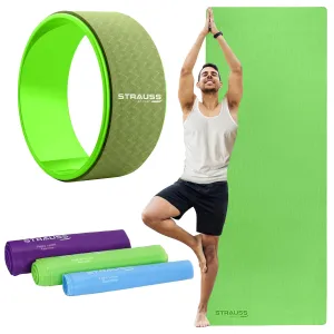 STRAUSS Yoga Combo Kit| 6mm Green EVA Yoga Mat| 3 Pack Multicolor Latex Resistance bands|12 inch Green Yoga Wheel, Ideal for Yoga & Training