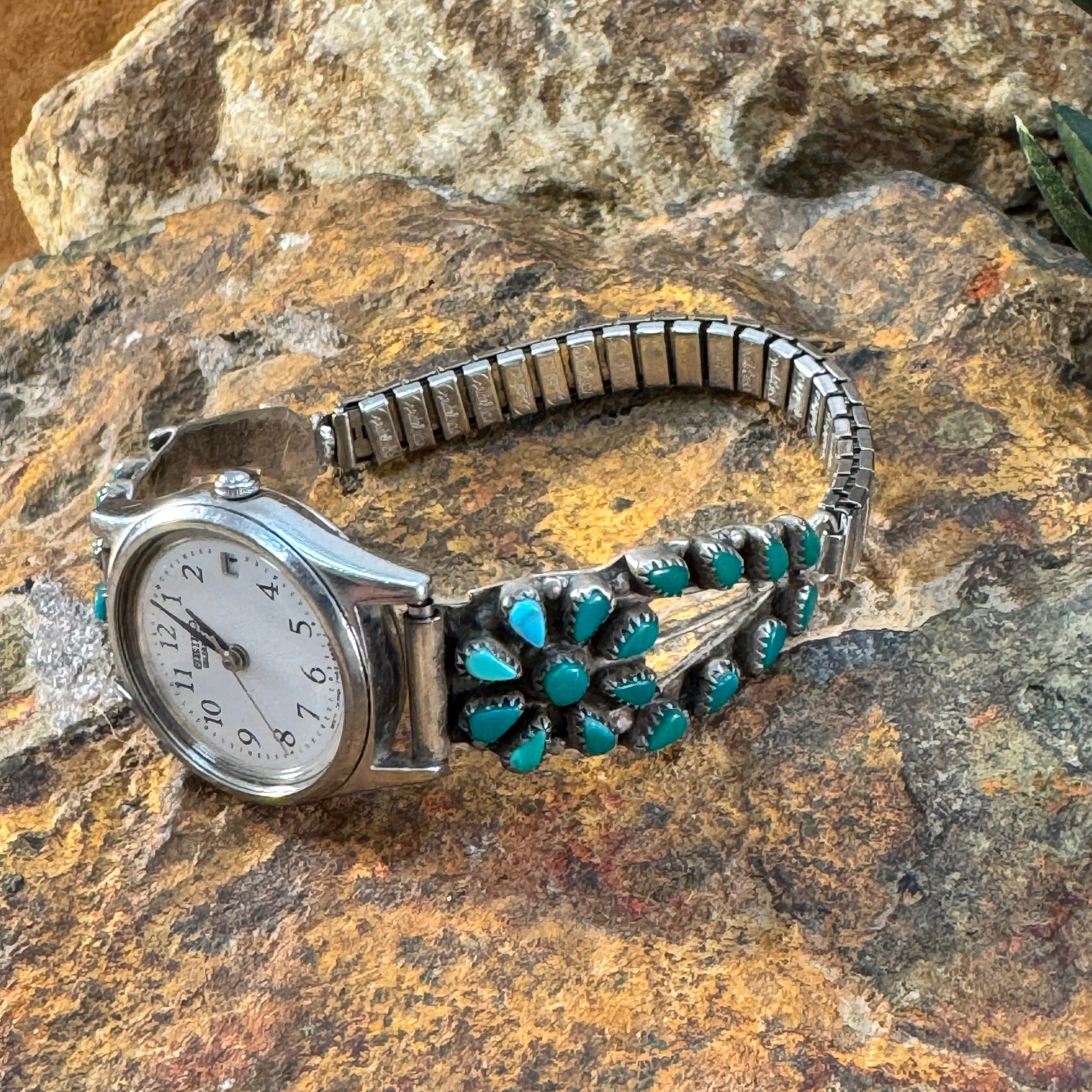 Vintage Zuni Turquoise Cluster Watch Bracelet - Estate